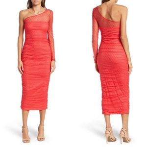 Area Stars Red One Sleeve Shoulder Bodycon Dotted Sheer Ruched Midi Dress